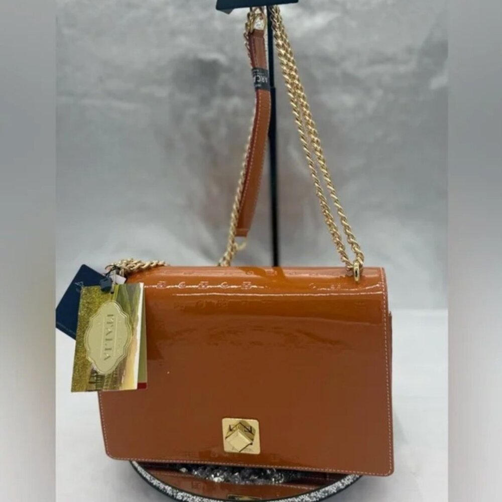 Arcadia Laila patent leather Italian crossbody bag in terracotta